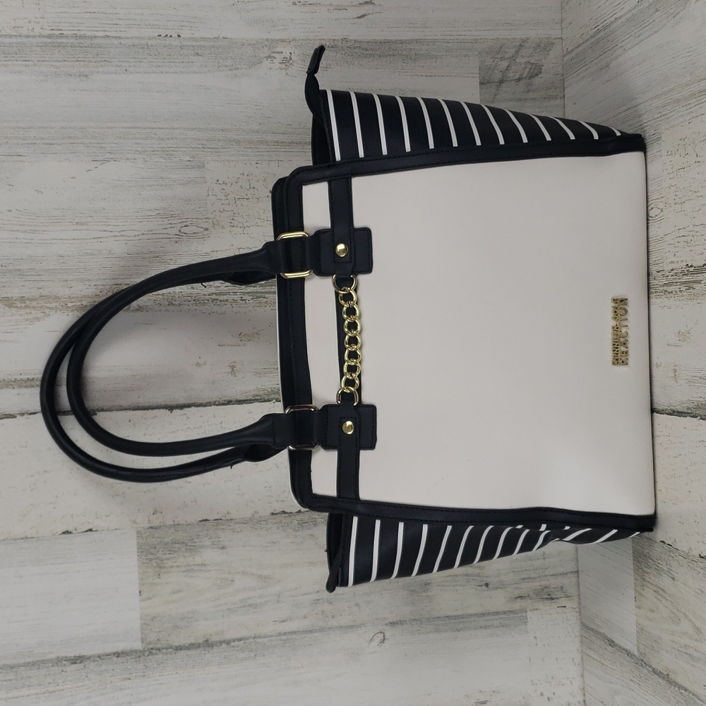 Kenneth Cole Reaction black white striped zipper large handbag goldtone accents